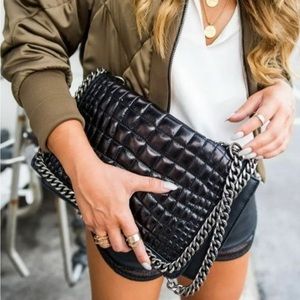 Zara black crossbody leather crocodile city bag with embosse chain.